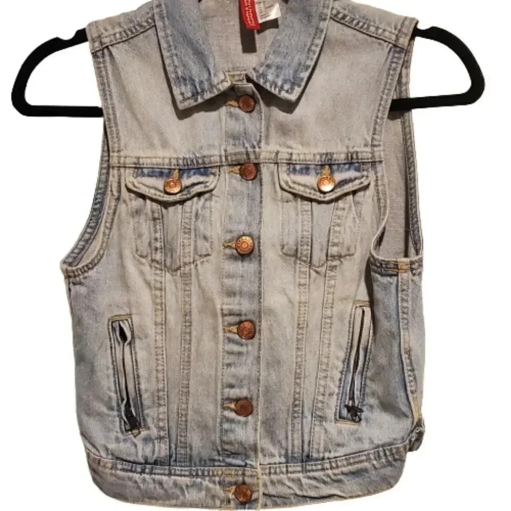 Divided Sleeveless Blue Denim  Jean Jacket With Gold/Bronze Buttons